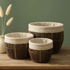 طقم سلال قش مبطنة بالقماش القابل للإزالة – 3 قطع أنيقة وعملية