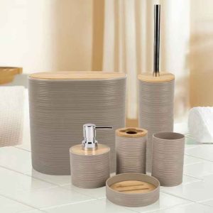 طقم إكسسوارات حمّام 6 قطع PVC بغطاء بامبو