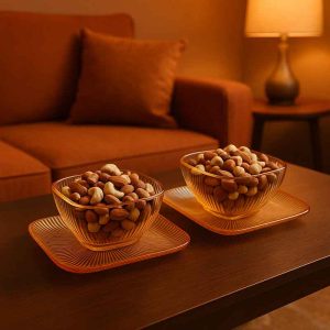 طقم زبادي زجاجي فاخر مع صحون – تصميم مربع – 12 قطعة – نقش مقلم