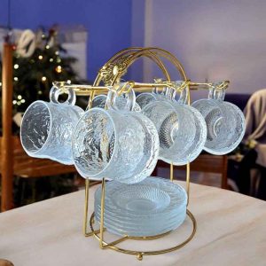 طقم فناجين قهوة تركية زجاجية مع رف تعليق ذهبي – 13 قطعة