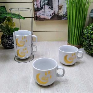 طقم 4 فناجين قهوة - ستاند معدني - رمضان كريم