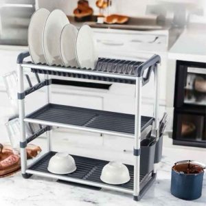 حامل صحون ألومنيوم متعدد الاستخدامات – 3 طوابق مع حوامل أكواب ومعالق