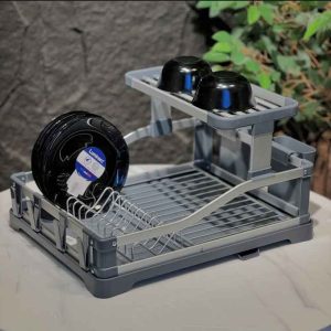 رف صحون ألمنيوم ثنائي الطابق مع لوح تصريف