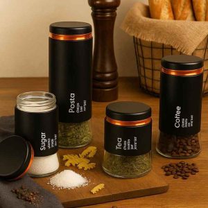 طقم برطمانات البهارات الأنيق 4 قطع زجاج مع غطاء ستانلس ستيل