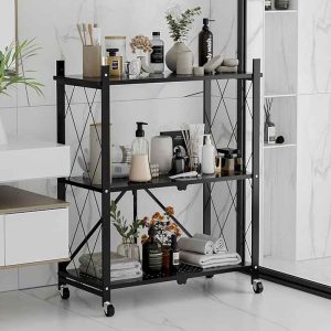 رف تخزين معدني قابل للطي مع عجلات – 3 طبقات أسود