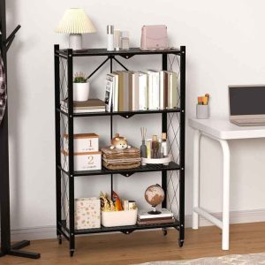 رف تخزين معدني قابل للطي مع عجلات – 4 طبقات أسود