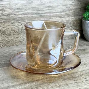 طقم كاسات شاي زجاجي مع صحن – 12 قطعة بتصميم مضلع