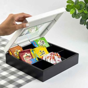 علبة تخزين شاي خشبية أنيقة – 9 أقسام – 24×24 سم