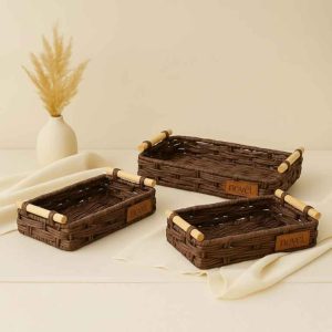 طقم صواني قش بمقابض خشبية – 3 قطع متعددة الأحجام