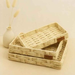 طقم صواني قش مستطيلة – 3 قطع محبوكة يدويًا