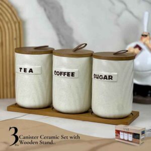 طقم مرتبان سيراميك مع قاعدة خشبية وأغطية بامبو