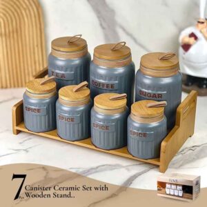 طقم مرتبان مطبخ سيراميك مع أغطية وقاعدة بامبو